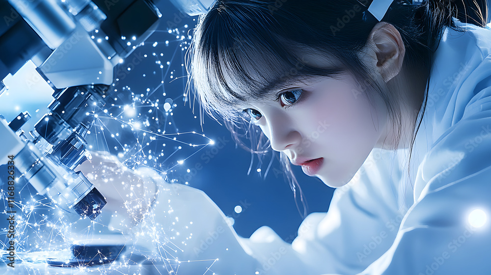 Poster Young scientist focused on a microscope, surrounded by sparkling particles in a lab setting