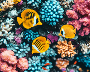 Naklejka na ściany i meble Vibrant coral reef teeming with life, featuring three striking yellow and black butterflyfish swimming amidst colorful corals.