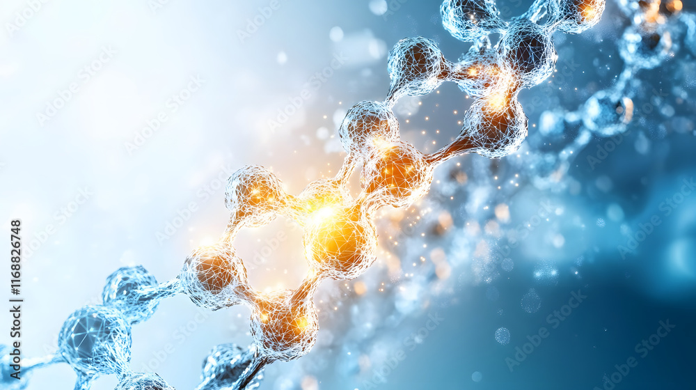 Poster molecular structure with glowing elements in a blue background representing scientific concepts