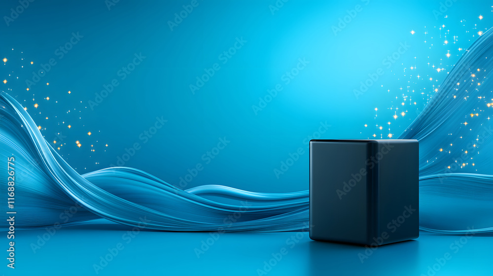 Poster Minimalistic black cube on a blue wave background with sparkling elements