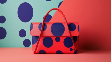 Vibrant Red Handbag with Blue Polka Dots on Colorful Background