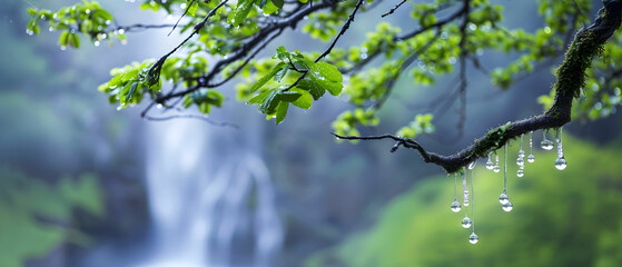 Refreshing waterfall cascading over rocks with vibrant green foliage and glistening droplets in a serene natural setting