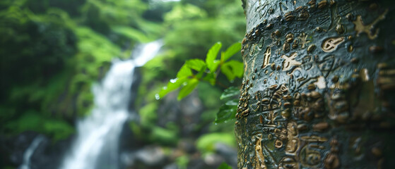 Obraz premium Close-Up of Carved Symbols on Tree Bark with Majestic Waterfall in Lush Green Forest Background