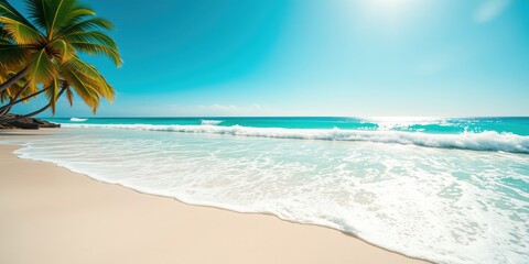 Serene Tropical Beach Scene with Palm Trees and Gentle Waves