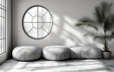 Minimalist room with round window, poufs, and plant.
