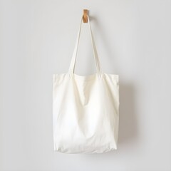 white tote bag, minimalist design, canvas fabric, hanging on white wall, simple elegance, everyday accessory, monochromatic, sustainable fashion, reusable shopping bag