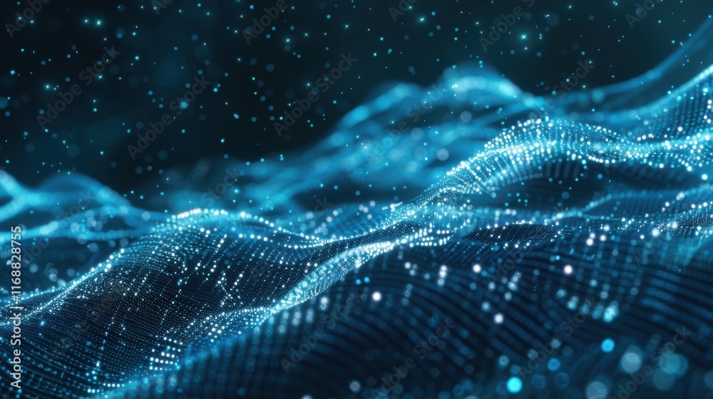 Poster digital wave with many dots and particles. abstract dynamic wave background. technology or science b