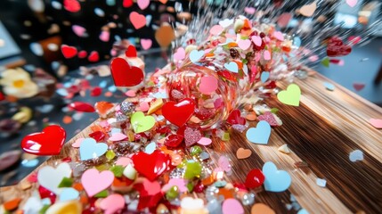 Obraz premium Exploding Jar of Colorful Candy Hearts Valentine s Day Sweets Scattered on Wood