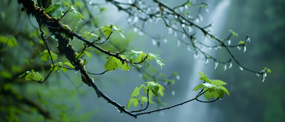 Fototapeta premium Lush Green Leaves on Branches with Dew Drops Near a Serene Waterfall in a Misty Forest Environment