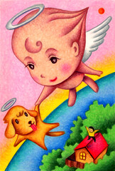 手描き・アナログイラスト - 天使・犬・家・森・水平線