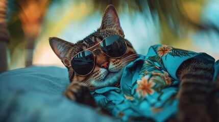 Obraz premium Chill cat wearing sunglasses enjoys tropical vibes on a beach playful lifestyle photography