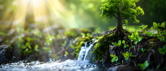 Fototapeta premium Lush Green Tree Next to Gentle Stream with Sunlight Glimmering Through Leaves in Serene Environment
