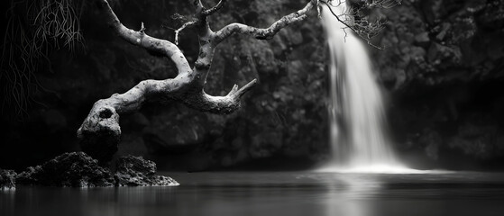 Serene Black and White Waterfall Cascading Through Majestic Rocks and Barren Trees in Tranquil Landscape