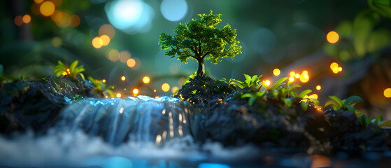 A Serene Tree Embraced by Gentle Waterfalls and Glowing Nature Lights in a Mystical Forest Scene