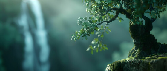 Tranquil Green Landscape with Waterfall, Lush Tree, Misty Environment, and Serene Nature Elements in Soft Focus