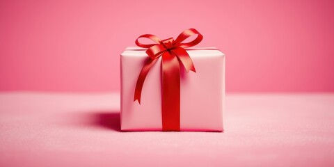 A delicately wrapped pink gift box with a vibrant red ribbon, a perfect symbol of celebration and joy