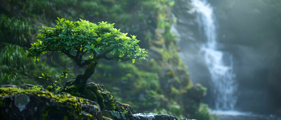 Serene Bonsai Tree with Lush Green Leaves Beside a Tranquil Waterfall in a Misty Natural Setting