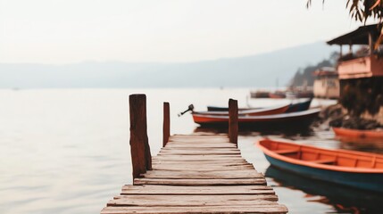 Naklejka premium A serene view of a wooden dock extending into calm waters, surrounded by colorful boats and a gentle landscape.