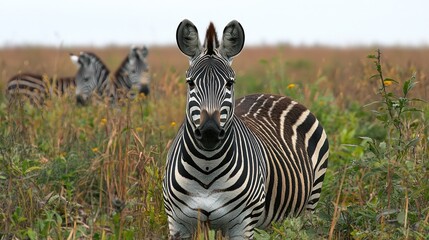 Fototapeta premium Close-up of a zebra in a field, other zebras in the background.