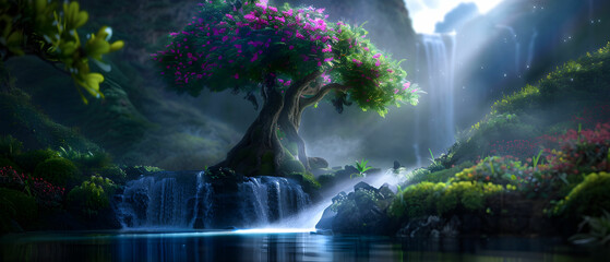 Enchanting Waterfall Scene with Vibrant Tree and Lush Vegetation in a Dreamlike Landscape