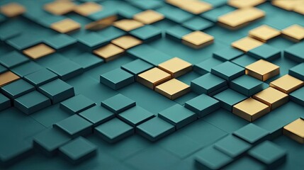 Mosaic abstract background concept. Abstract geometric design with teal and gold squares creating a modern texture.
