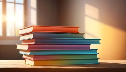 Colorful books stacked on wooden table near window
