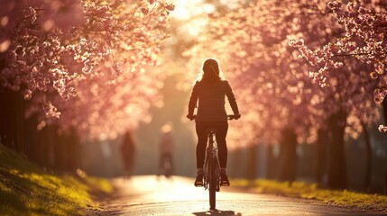 Fototapeta premium Person Biking Through Beautiful Blossom Tree-Lined Pathway