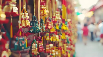 Naklejka premium Colorful Asian Fabric Bags Hanging Market Stall Decor