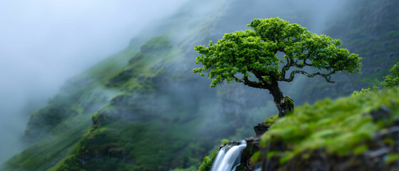 Majestic solitary tree beside a tranquil waterfall in a misty mountain landscape with lush green foliage