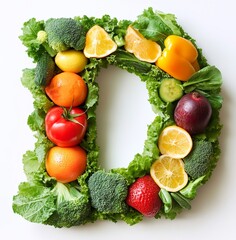 The letter "D" made of fruits and vegetables on a white background