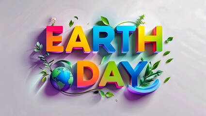 A vibrant Earth Day design featuring colorful 3D text surrounded by green leaves and plants, symbolizing nature and sustainability. A globe illustration enhances the eco-friendly theme.