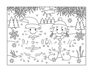 Gingerbread man and gingerbread girl walking in outdoor winter scene connect the dots hidden picture puzzle and coloring page
