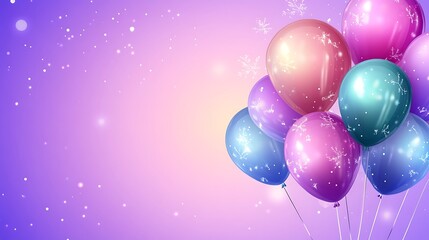Festive pastel balloons float against a purple background