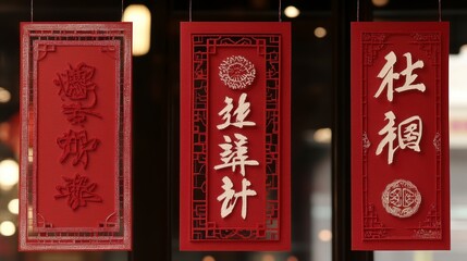 Fototapeta premium Red Chinese New Year Decorations with Intricate Calligraphy and Auspicious Symbols Hanging