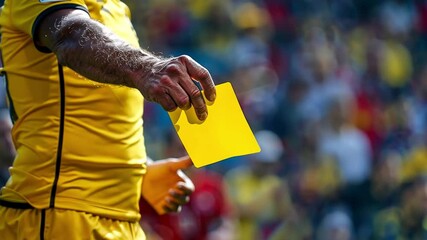 This Referee raises a yellow card to signal a foul during a dramatic football match.