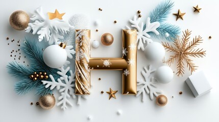 Golden 'H' amidst winter wonderland: Festive ornaments, snowflakes, and stars.