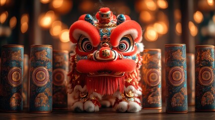 Red lion dance costume with firecrackers.