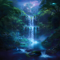 Obraz premium Majestic Waterfall Cascading Through Lush Green Forest Surrounded by Sparkling Mist and Colorful Flora