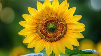 Obraz premium Bright and Cheerful Sunflower in Full Bloom Surrounded by Green Leaves and Natural Background Featuring Soft Bokeh Effect and Dew Drops on Petals