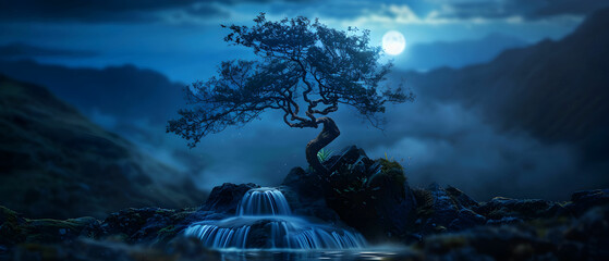 Serene Night Landscape with a Lone Tree and Tranquil Waterfall Under a Moonlit Sky