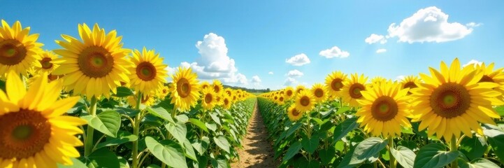 Fototapeta premium Massive sunflower field, towering blooms under blue sky, landscape, scenery, helianthus annuus