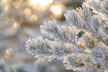 Frosted pine branches with sparkling sunlight in a winter forest scene