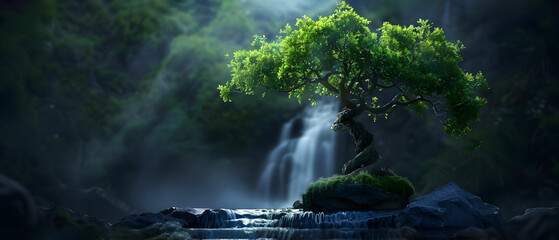 Serene Waterfall with Lush Green Tree Surrounded by Misty Forest Landscape at Sunrise