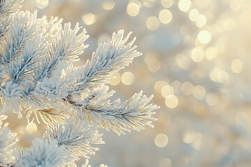 Close-up of frost-covered pine branches with a golden bokeh background in winter sunlight