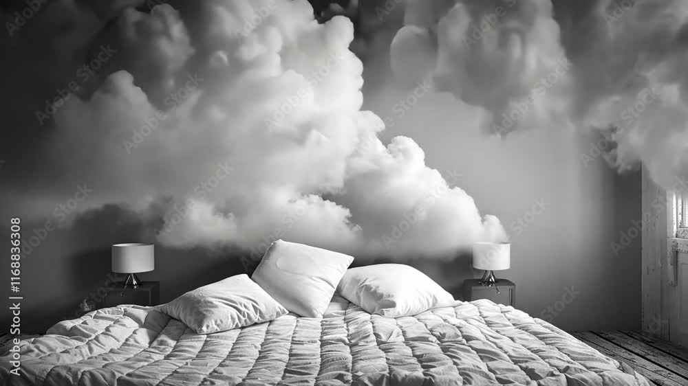 Poster a cozy bedroom is transformed by fluffy white clouds enveloping the space, creating an ethereal vibe