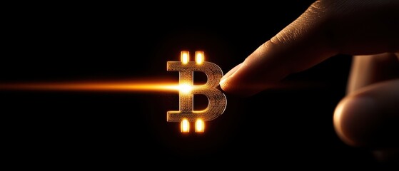 Illuminated Bitcoin symbol being touched, showcasing innovation and digital currency impact on finance.