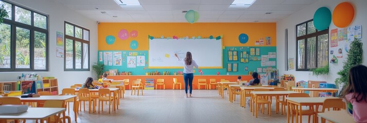 Teacher Writing On a Whiteboard in a Bright Colorful Classroom, Great For Educational Resources.