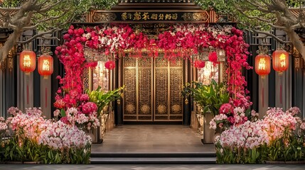 Fototapeta premium Festive Chinese New Year Entrance Flowers Lanterns Asian Architecture