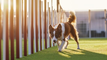 Border Collie dog navigating through agility poles during sunset, focused mood, outdoor training session