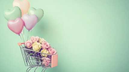 Shopping cart filled with roses and heart balloons pastel background whimsical decor joyful scene